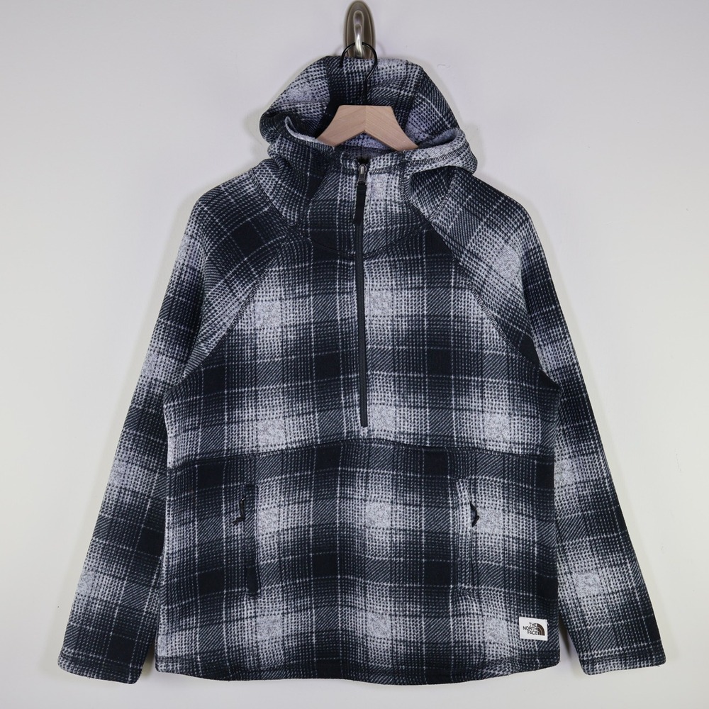 The North Face Crescent Hooded Pullover Large Plaid Half Zip Fleece Black Grey